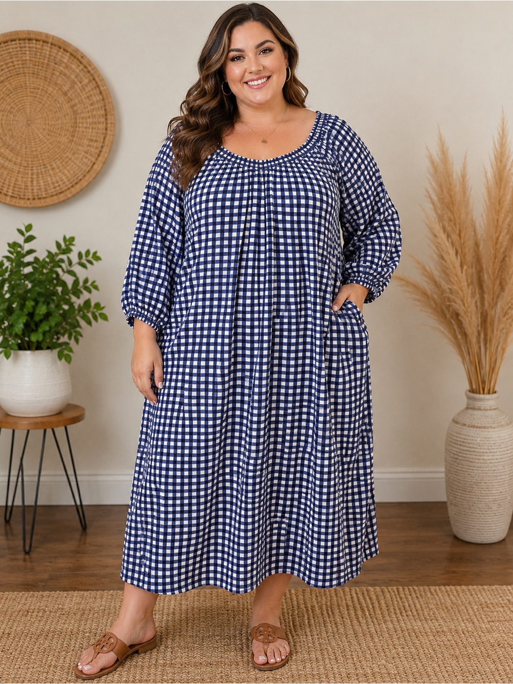 Evans 22/24 Blue & White Gingham Check Smocked Sleeve Dress